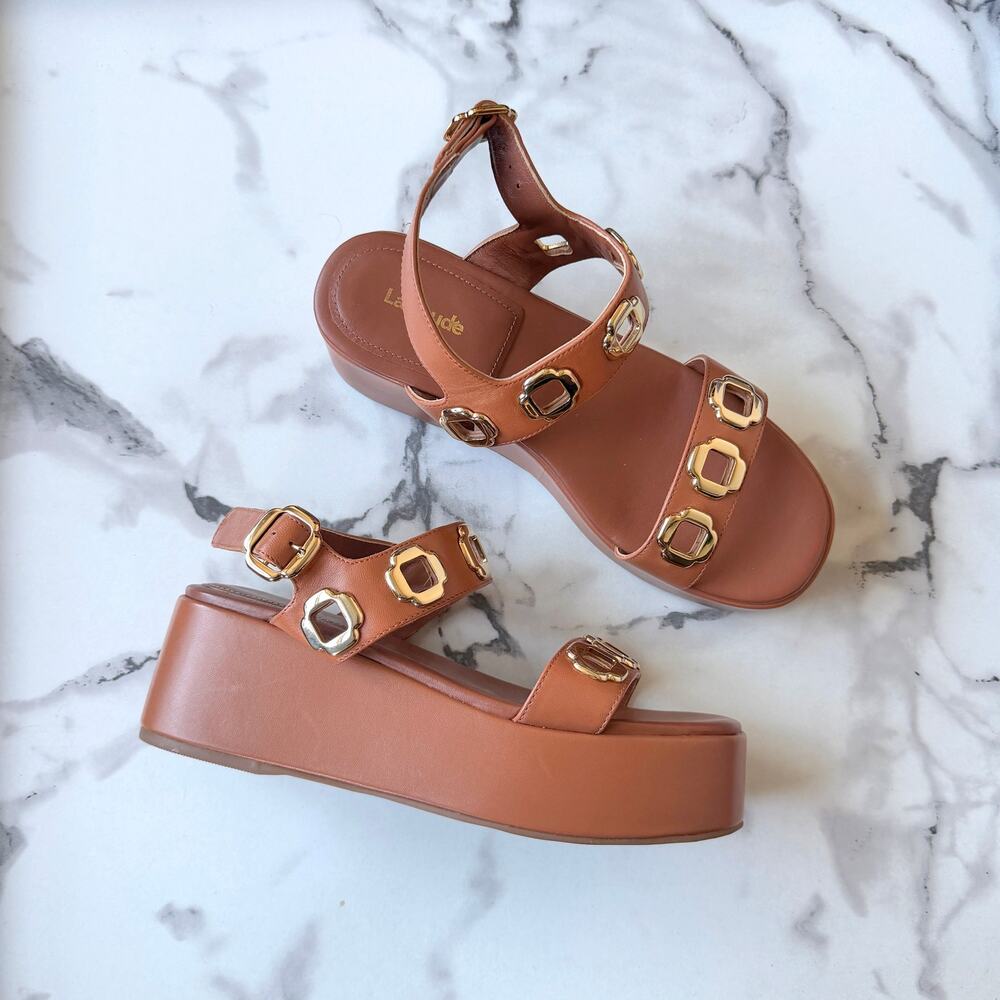 Larroude Brown Leather Grommet Platform Sandals NEW Size 8.5